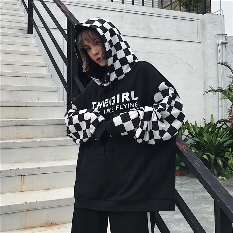 New Korean Harajuku BF hip-hop street loose cotton tops plaid stitching print pocket oversize hooded men and women sweatshirt