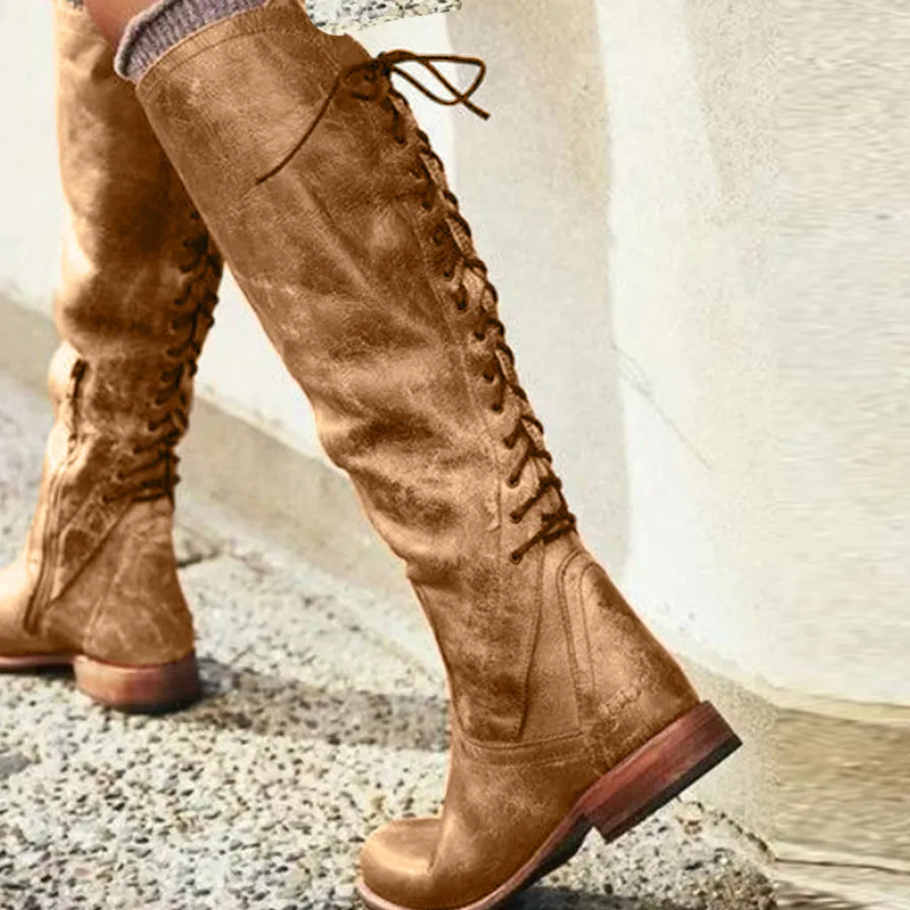 

New Knee-High Riding Boots Women's Long Tube Boot Winter Lady Stylish Retro Low Heel Shoes Back Strappy Western Rome Boot Casual