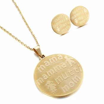 

Fashion Multilingual Mom & Girl & Boy Round 40mm Pendant Necklace & Earrings Gold Color Stainless Steel Jewelry Set 2020
