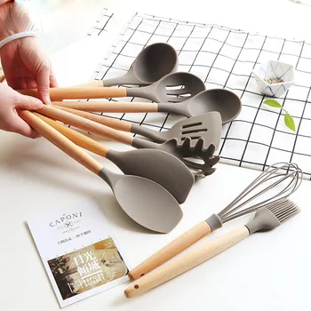 

silicone kitchenware wooden handle nonstick spatula spoon turner soup ladle whisk kitchen cooking gadget tools