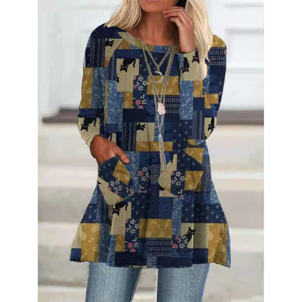 

Новинка 2021, женское эстетическое Ретро уличное платье с круглым вырезом и длинным рукавом, женский топ с карманами, дизайнерская рубашка в стиле Харадзюку, повседневный женский топ