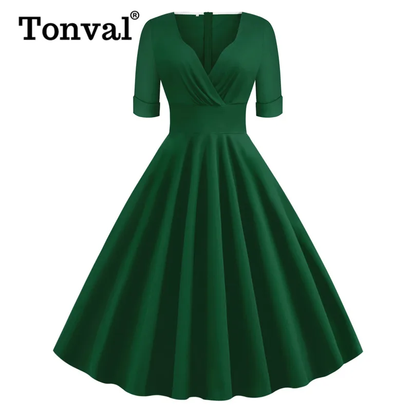 Party-Dress Rockabilly A-Line 1950S Ruched Tonval Elegant Vintage Green Summer Half-Sleeve
