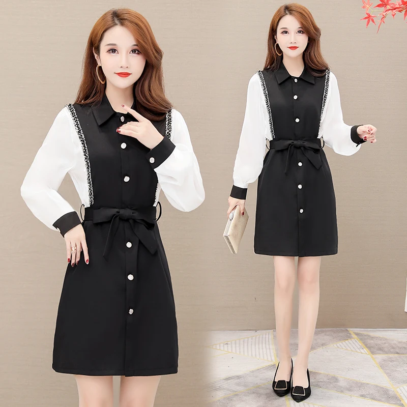 

Plus Size LadiesFashion Lape Belt French Temperament Ladies Fake Two Loose Stitching Dresses 2020 Spring Women Clothing