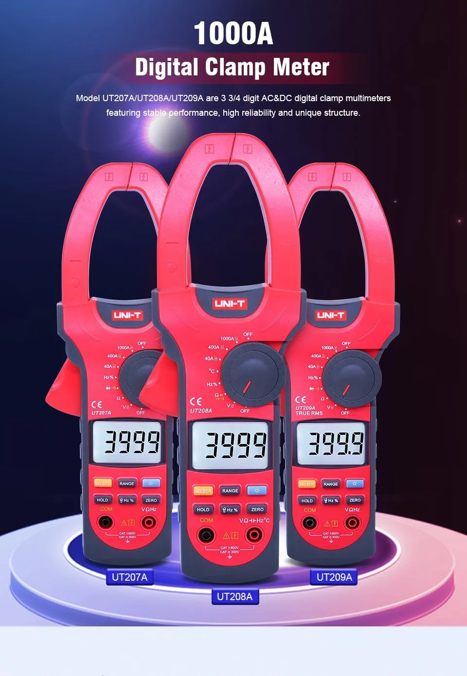 Цифровой клещи UNI-T UT207A/UT208A/UT209A 1000A Авто Диапазон мультиметр AC DC Напряжение Ток Сопротивление Частота Тестер