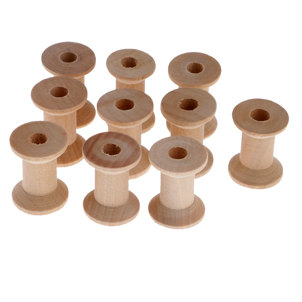 10pcs Natural Wooden Empty Thread Spools For Sewing Ribbons Craft 28x21mm