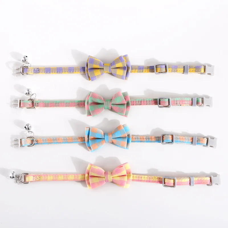 Cute Plaid Bow Cat Collar with Bell Cotton Bowknot Kitten Necklace Safety Buckle Adjustable Neck Tie For Dogs Cat Accessories