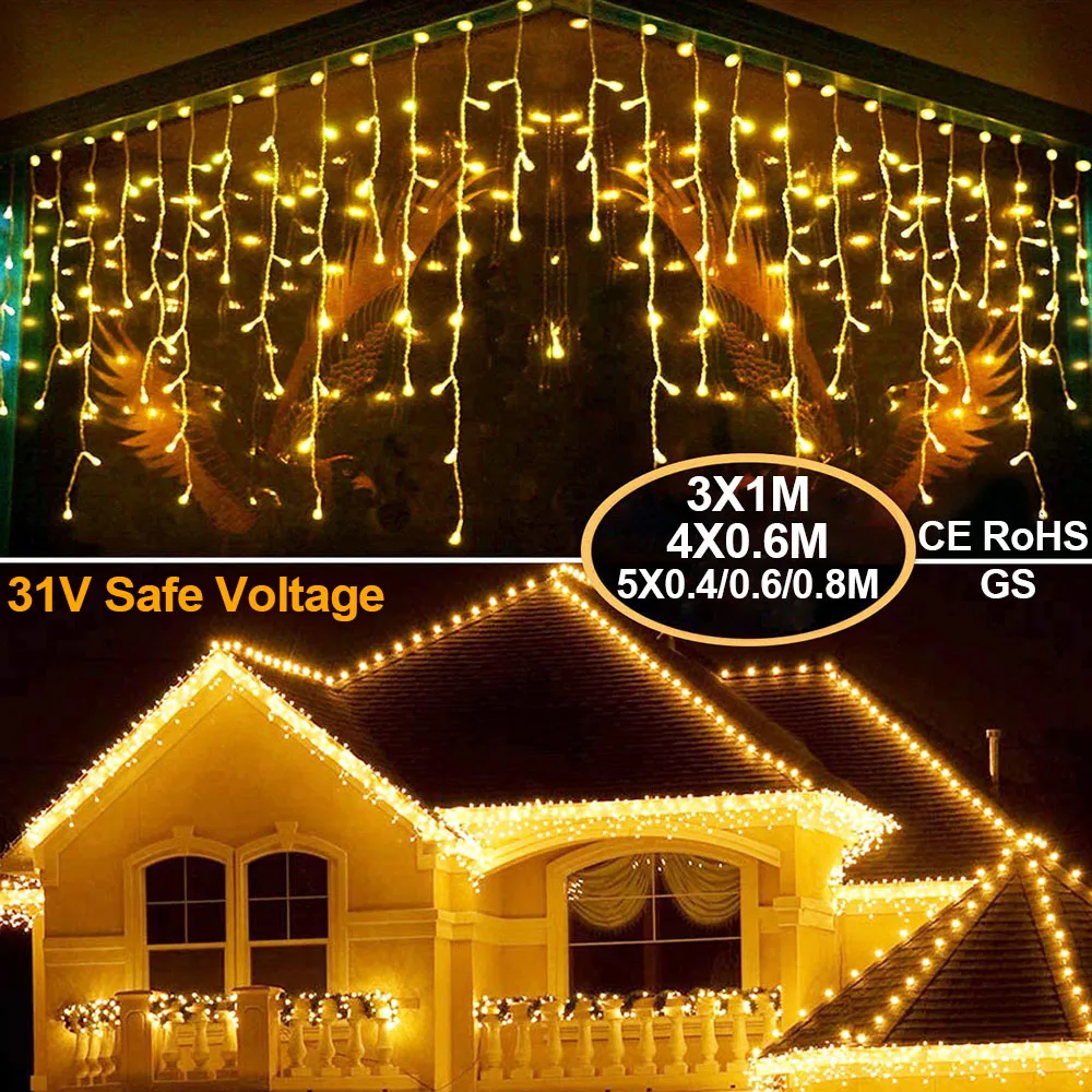 цена Christmas LED Icicle Lights 3M 4M 5M Connectable 8 Modes Curtain Fairy String Light for Party Backdrops Thanksgiving Decor D30