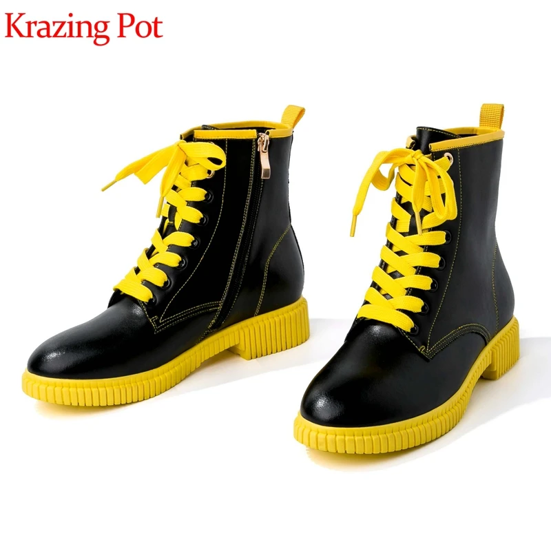 

Krazing pot beauty genuine leather casual round toe low heels candy colored lace British school western cowboy ankle boots l02