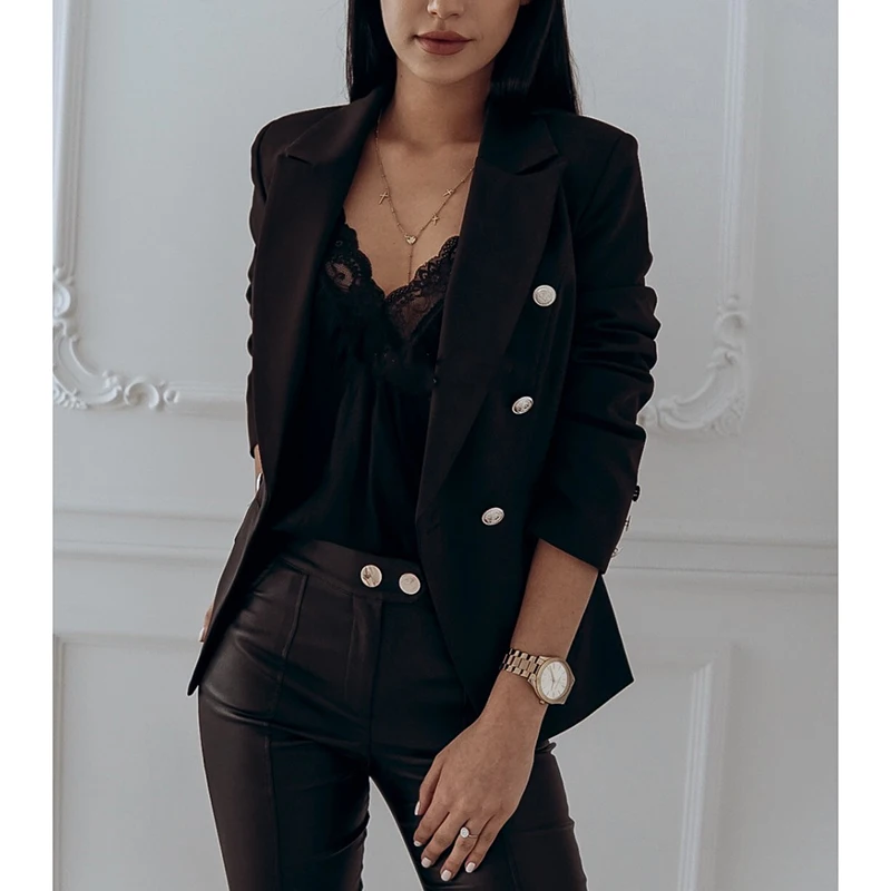 

Autumn Women's Double Breasted Coat Slim Long Sleeves Turn-Down Collar Cardigan Outerwear Work Suit Jackets SJ4011V
