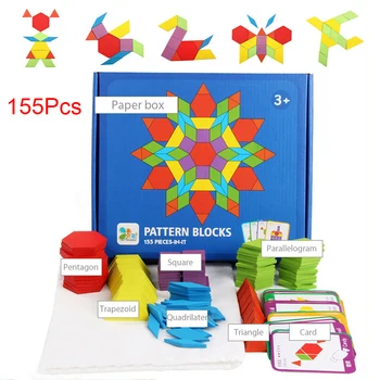 

155pcs Colorful Wooden Block Set IQ Pattern Funny Shapes Dissection Learning Kids Games Geometric Montessori Educational Toys