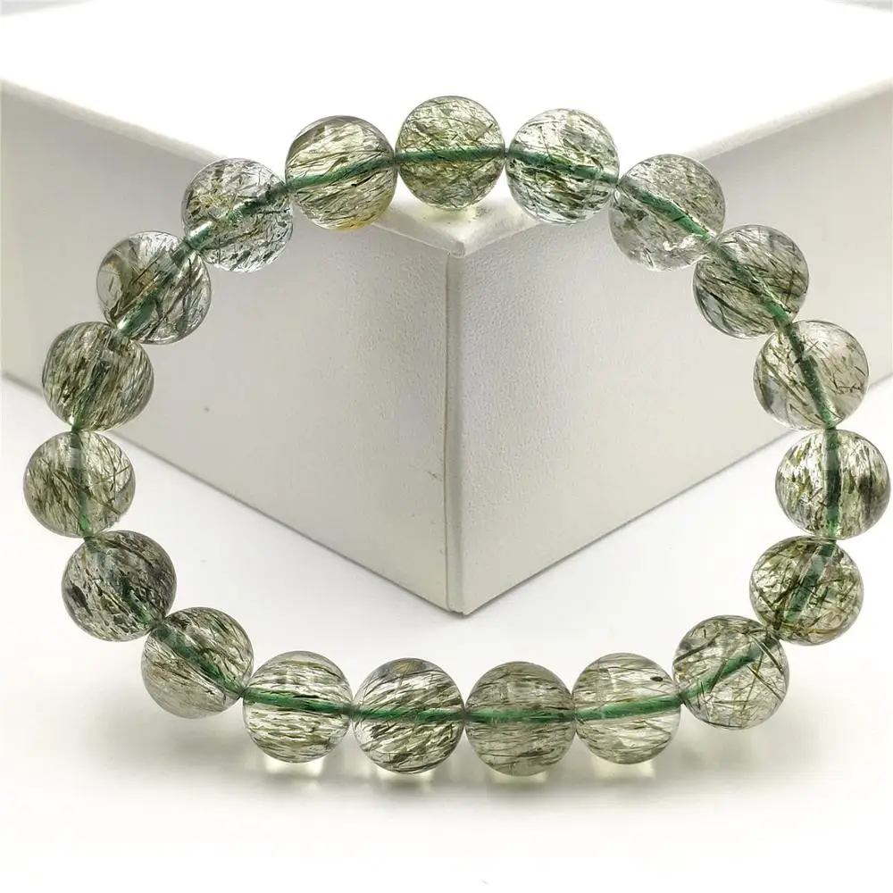 

Natural Green Tourmaline Rutilated Quartz 11mm Clear Round Beads Bracelet Women Men Fashion Best Clear Stone AAAAA