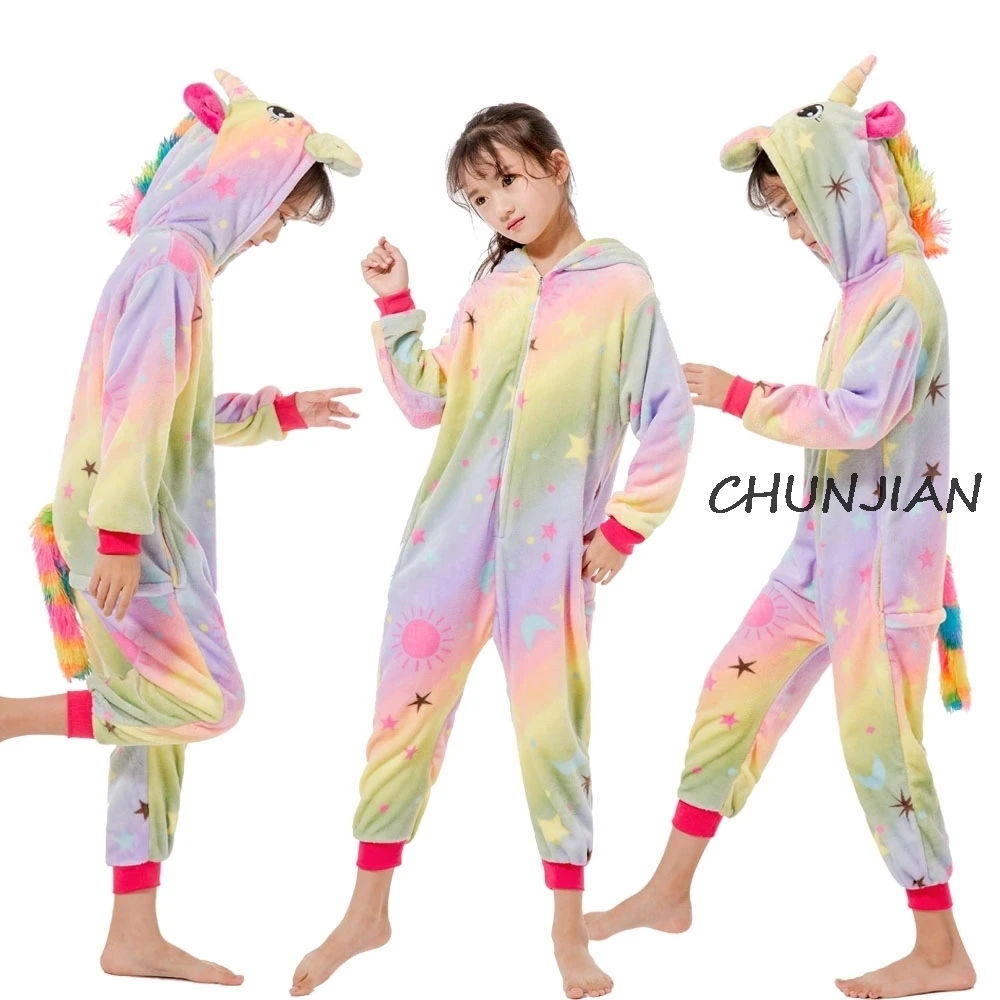 2020 Winter Flannel Toddler Girls Warm Pajamas Boys Animal Cosplay Costume Pijamas Rainbow Unicorn Pyjamas Kids for 4-12 Years