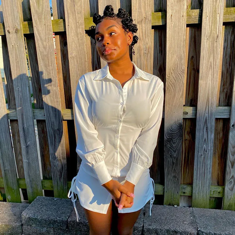 

Turn-down Collar Drawstring Blouse Mini Dress Women White Fashion Long Sleeve Slim Robe Femme Sexy Button Shirt Vestido