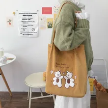 New Corduroy Shopping Bag Wild Bear Embroidered Bag Handbag Luxury Brand Shoulder Bag Fresh and Sweet Canvas Bag with Buckle