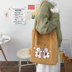 New Corduroy Shopping Bag Wild Bear Embroidered Bag Handbag Luxury Brand Shoulder Bag Fresh and Sweet Canvas Bag with Buckle