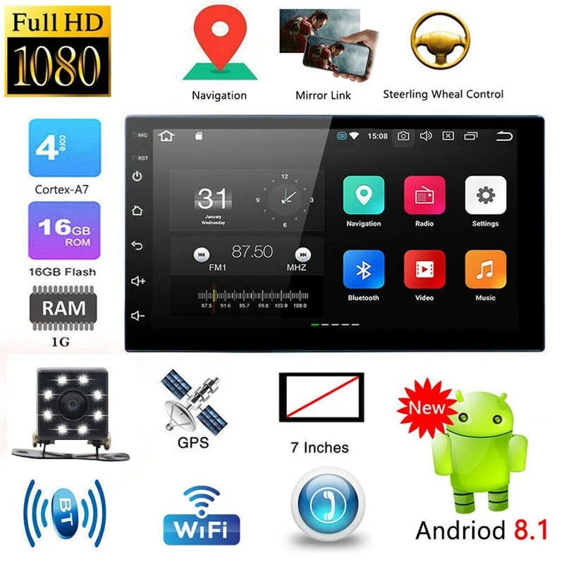  7 Inch 2 Din Android 8.1 Car Stereo MP5 Player Press Screen FM Radio GPS WiFi BT Head Unit with Cam