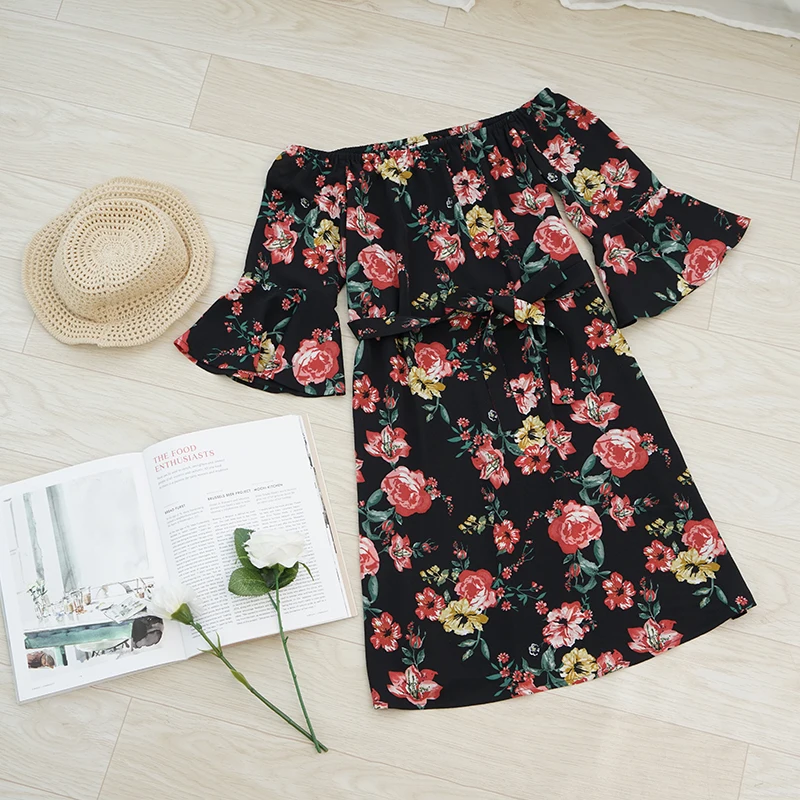 Модные цветочные boho slash шеи с расклешенными рукавами осенние женские платья с поясом S-4XL