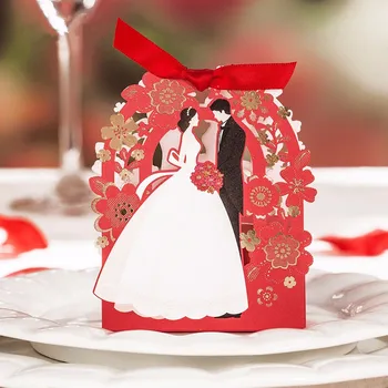 

Wishmade 50pcs Red Wedding Candy Boxes Laser Cut Elegant Gift Box Flower Bride and Groom Wedding Favor