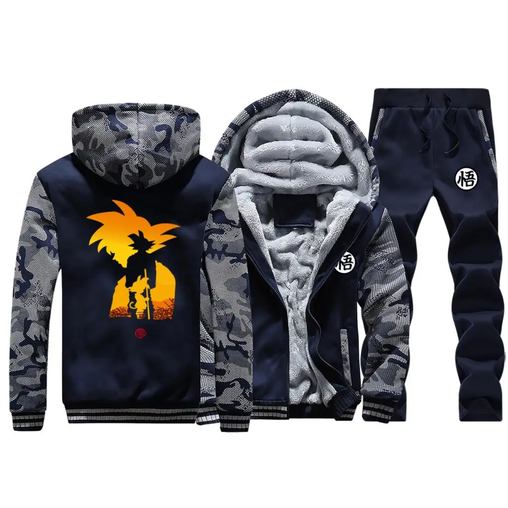 Dark Blue Winter Hot Sale Japan Anime Mens Camouflage Hoodies Suit Coat Thick Sportswear Dragon Ball Warm Jackets+2 Piece Set Pants - Цвет: Dark Blue