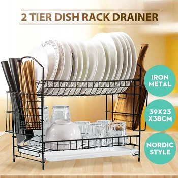 

2 Tier Dish Drainer Rack Holder Dish Drying Rack Shelf Plate Cup Cutlery Drainer Rack Plates Holder Drip Tray Kitchen Storage
