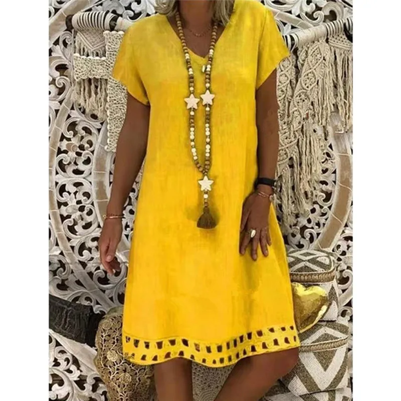 Plus Size Cotton Linen Loose Dress Women Casual V-Neck Elegant Party Summer Dresses 5 Colors Vestido