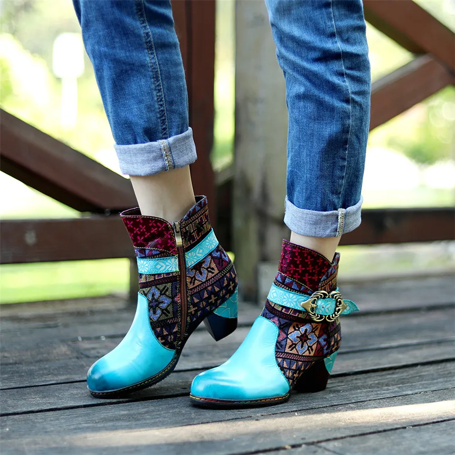 Womens Chunky high heel Retro Mid-calf boots Denim Casual cowboy shoes Canvas 