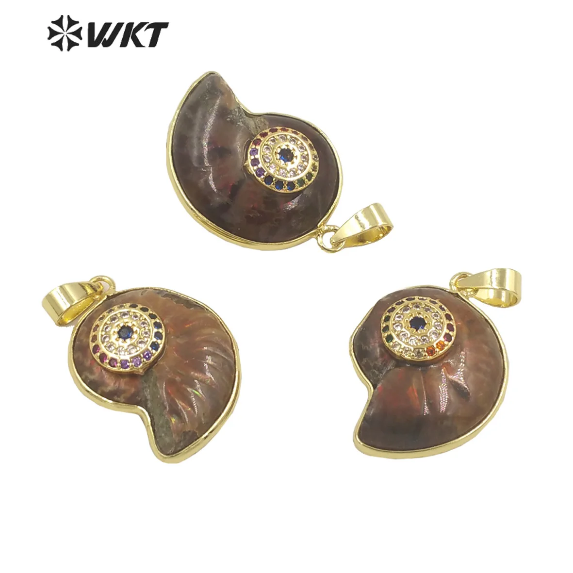 

WT-MP238 WKT Speacial Gold Plated Snail Shape Micropave Colorful CZ Brown Seashells Pendant Jewelry Earings Necklace Accessories