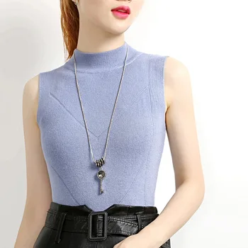 

Korean high collar solid color short knitted vest female Slim thin sleeveless bottoming autumn and winter women sweaters QQ022