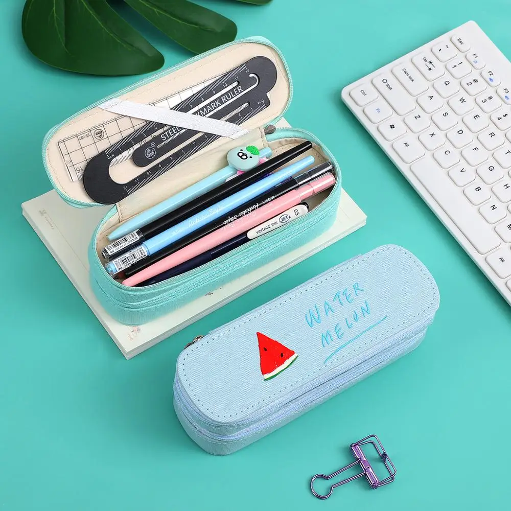 

JIANWU 1pc Large capacity student double-layer pencil case cute zipper canvas solid pencil box kawaii stationery supplies