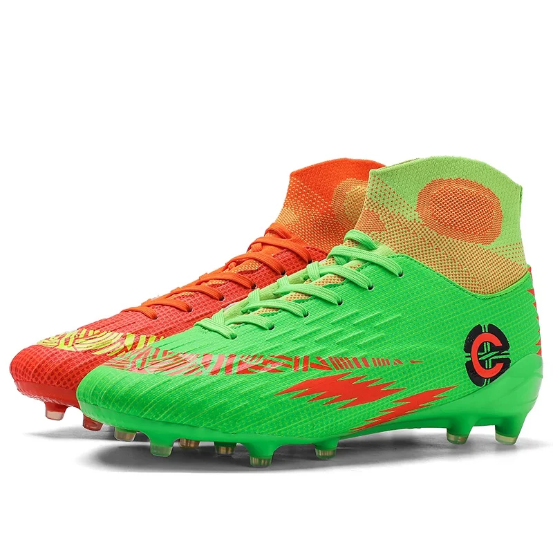 Мужские футбольные бутсы, футбольные бутсы, Длинные шипы, высокие тренировочные кроссовки, сцепление, открытый газон, футбол в футзале, обувь 32-46 - Цвет: long orange green