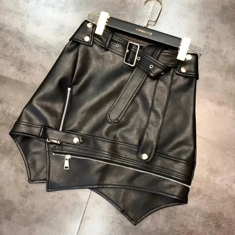 Fall New Belt Design Irregular Helical Zipper PU Leather Skirt Skirts A Dress