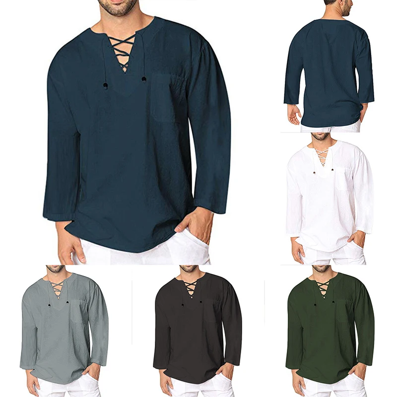 Hot Men Solid Baggy Shirt Cotton Linen Hippie Shirt Summer Mens Fashion Casual Street Daily Long Sleeve V Neck Shirt Five Color