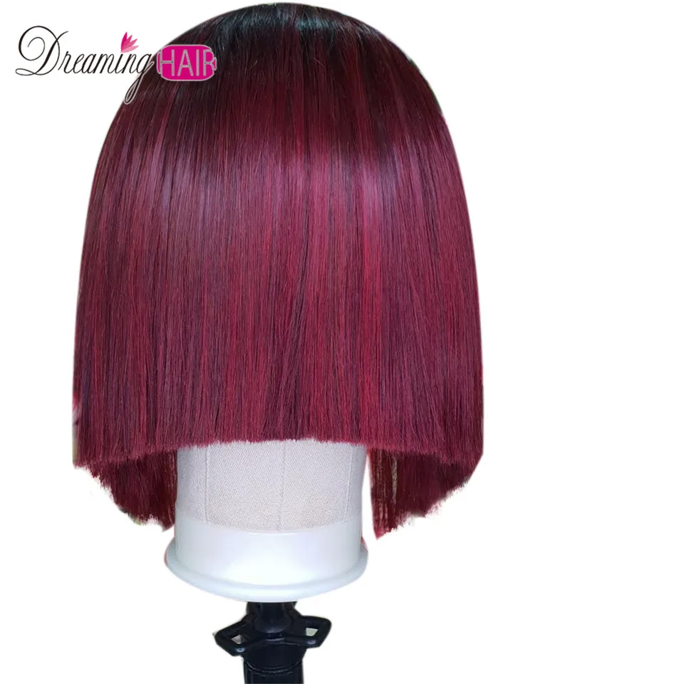 1b 99J средняя часть короткие Боб Синтетические волосы на кружеве человеческих волос парики 13x6 бразильские прямые волосы красные бордовые парики предварительно вырезанные для черный Для женщин