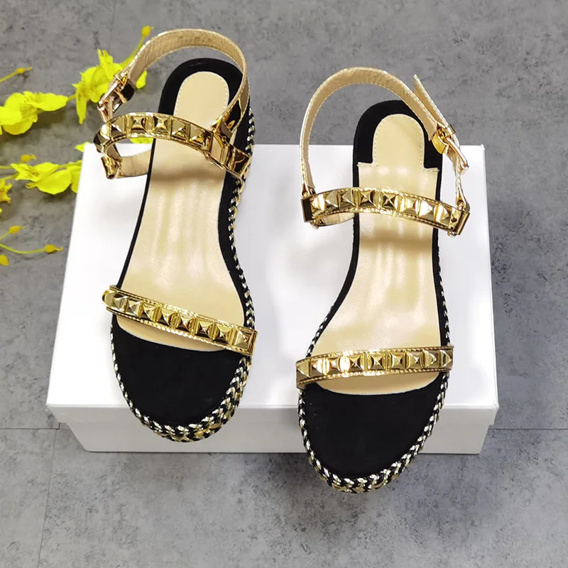 

Summer sexy lady fashion women sandals black spikes chains peep toe ankle strappy high heels wedge shoes