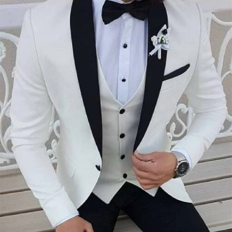 2022 Latest Coat Pant Designs White Men Suits Black Shawl Lapel Formal Tuxedos Wedding Suits For Men Prom Party Dress With Pants casual blazer for men