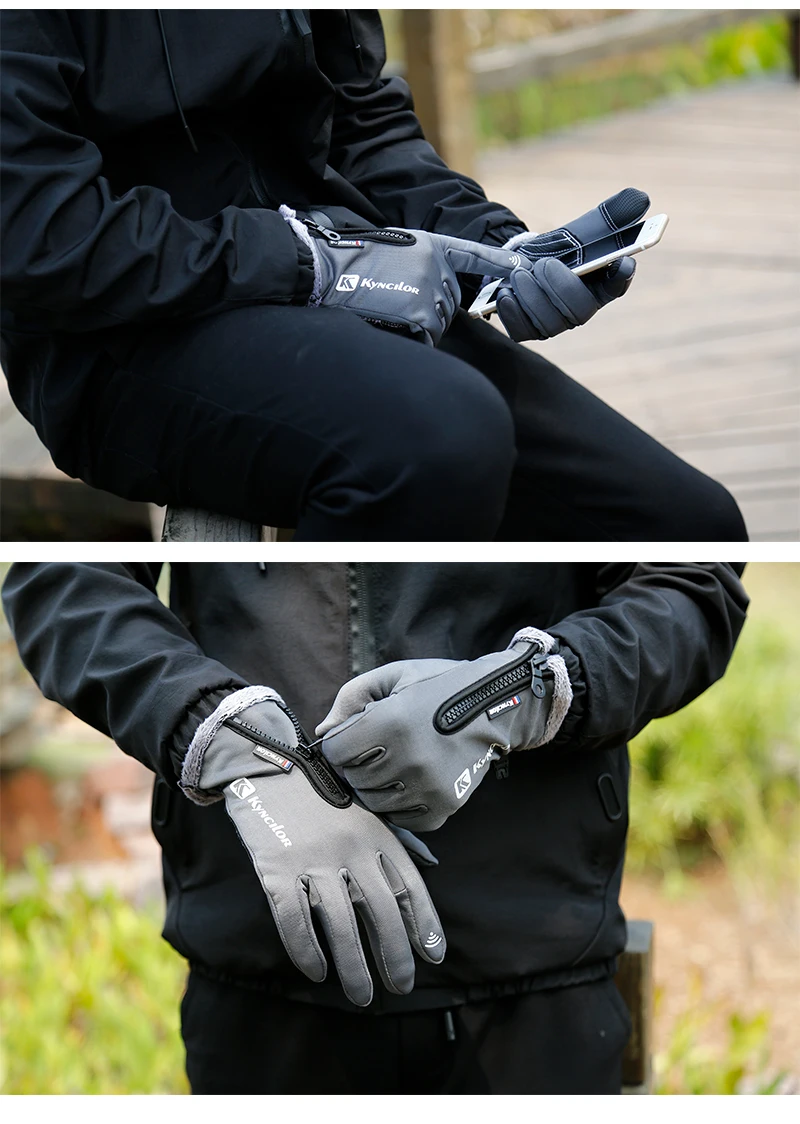 Winter Themal Touchscreen Gloves Anti-Slip Windproof Cycling Gloves w/ Fleece Lining Adjustable Zipper Anti-Lost Buckle Camping