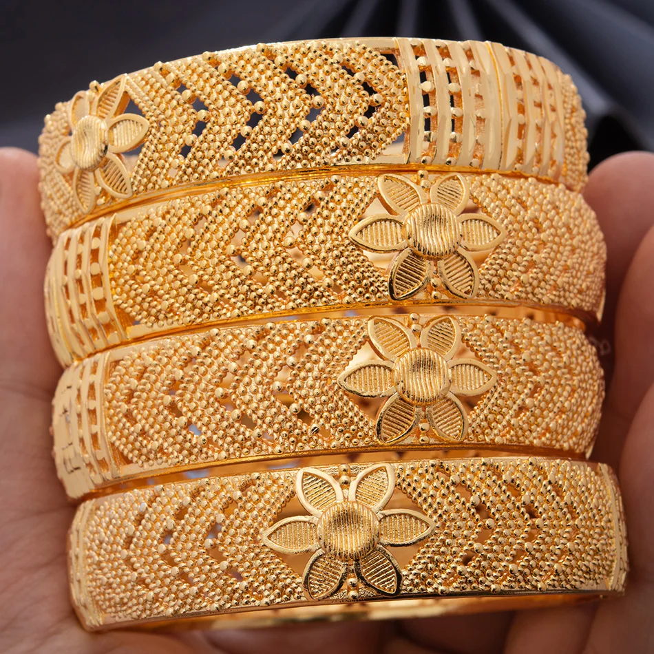 

4pcs/Lot Luxury Dubai Ethiopian Gold Color Bangles For Women Girls Wife African Arab Width Ramadan Bracelet Jewelry