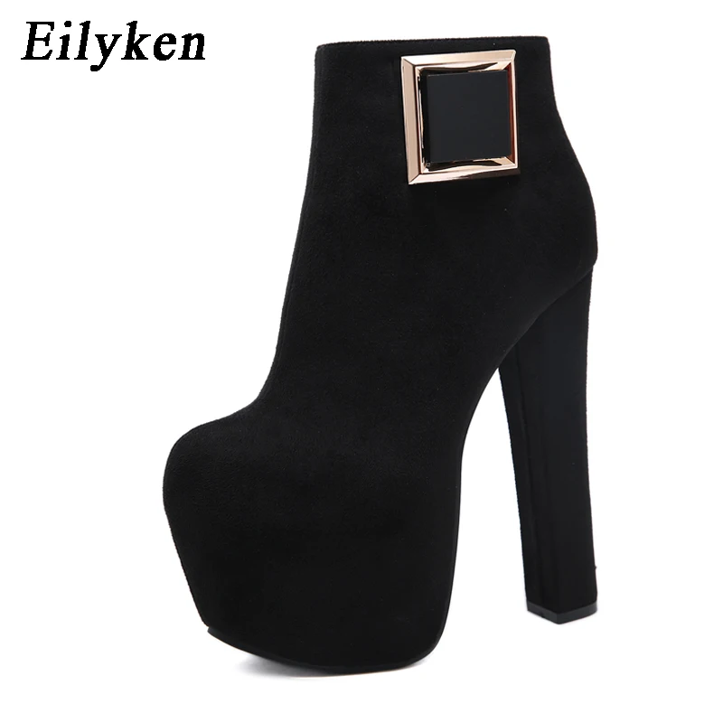 EilyKen/ г., зимняя обувь на очень высоком каблуке женские ботинки на платформе с круглым носком Модные вечерние ботильоны с пряжкой - Цвет: Black