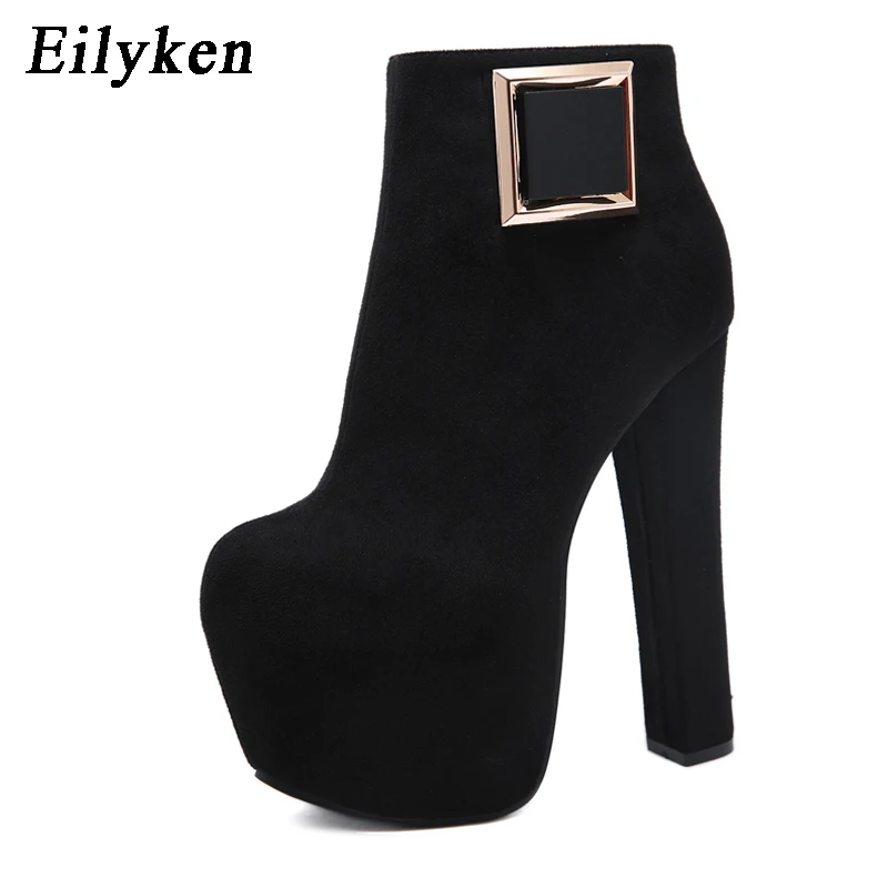 Black EilyKen/ г., зимняя обувь на очень высоком каблуке женские ботинки на платформе с круглым носком Модные вечерние ботильоны с пряжкой - Цвет: Black