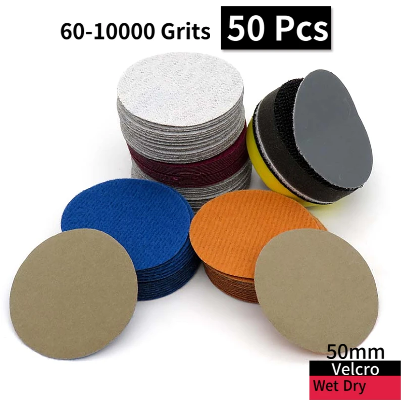 2 Inch Waterproof Sandpaper Hook and Loop Silicon Carbide Assorted 60-10000 Grit 50PCS for Polishing and Sanding Car Metal