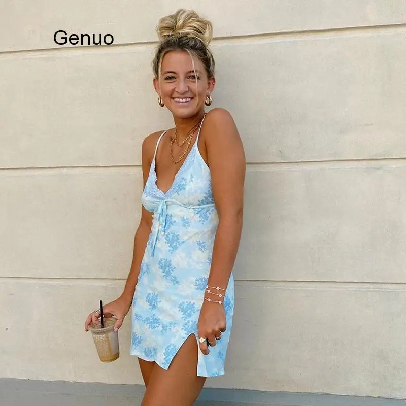 

V Neck Lace Sleeveless Sexy Mini Dress Women Split Summer Backless Spaghetti Strap Short Dresses Ladies Printed Beach