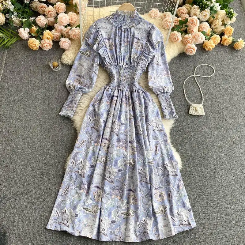 2021 Spring Fashion Women Elegant Slim Printed Stand Color Long Sleeve Party Dress Vestidos De Mujer H137