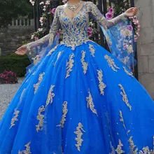 Голубое платье с v-образным вырезом и длинными рукавами с металлической кружевной аппликацией, бальное платье цвета шампанского, Длинные вечерние платья 15 16