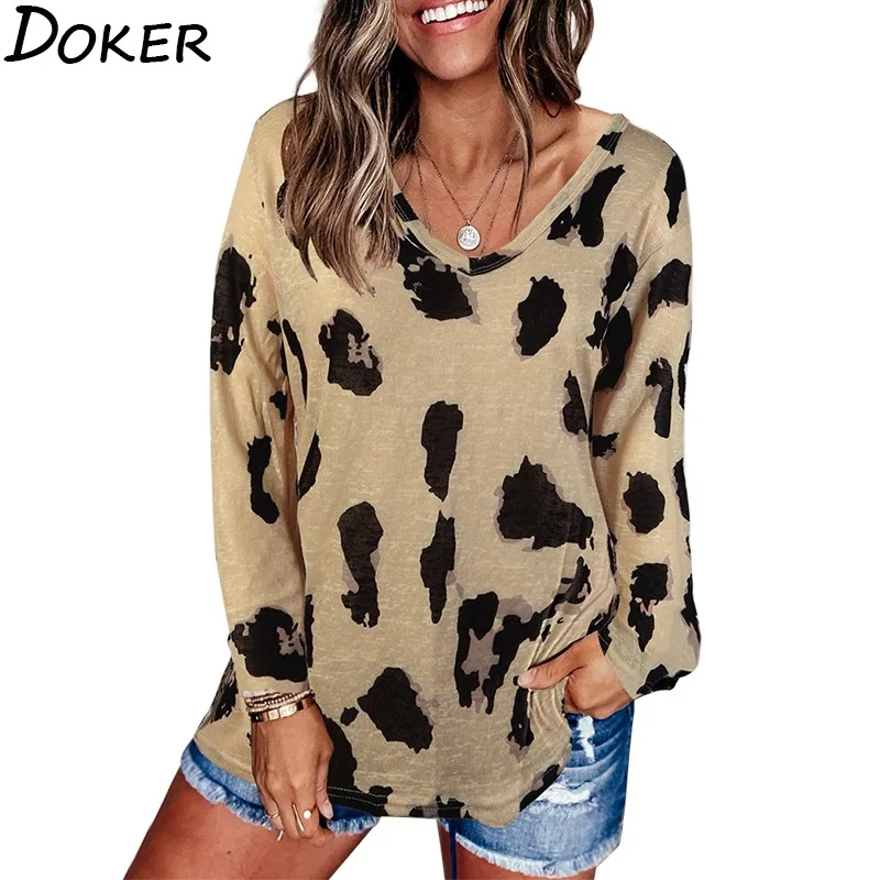 

Autumn Leopard Print T Shirt Women Clothes V-neck Long Sleeve Plus Size Fashions Loose T-shirt Vintage Casual Tee Shirt Femme