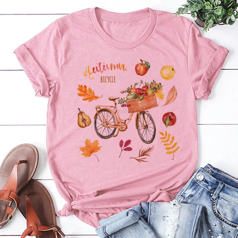 Pink T Shirt Women Beautiful Scenery Bicycle Vogue Casual Tshirt Harajuku Korean Style Graphic Tops Kawaii Short Sleeve T-shirt