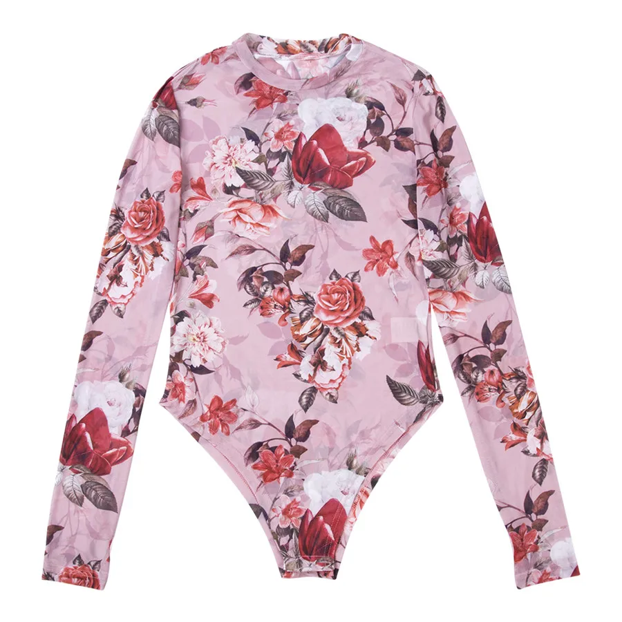 Sexy Women Long Sleeve Bandage Bodysuit Floral Tops Blouse Jumpsuit Rompers Autumn Clothes