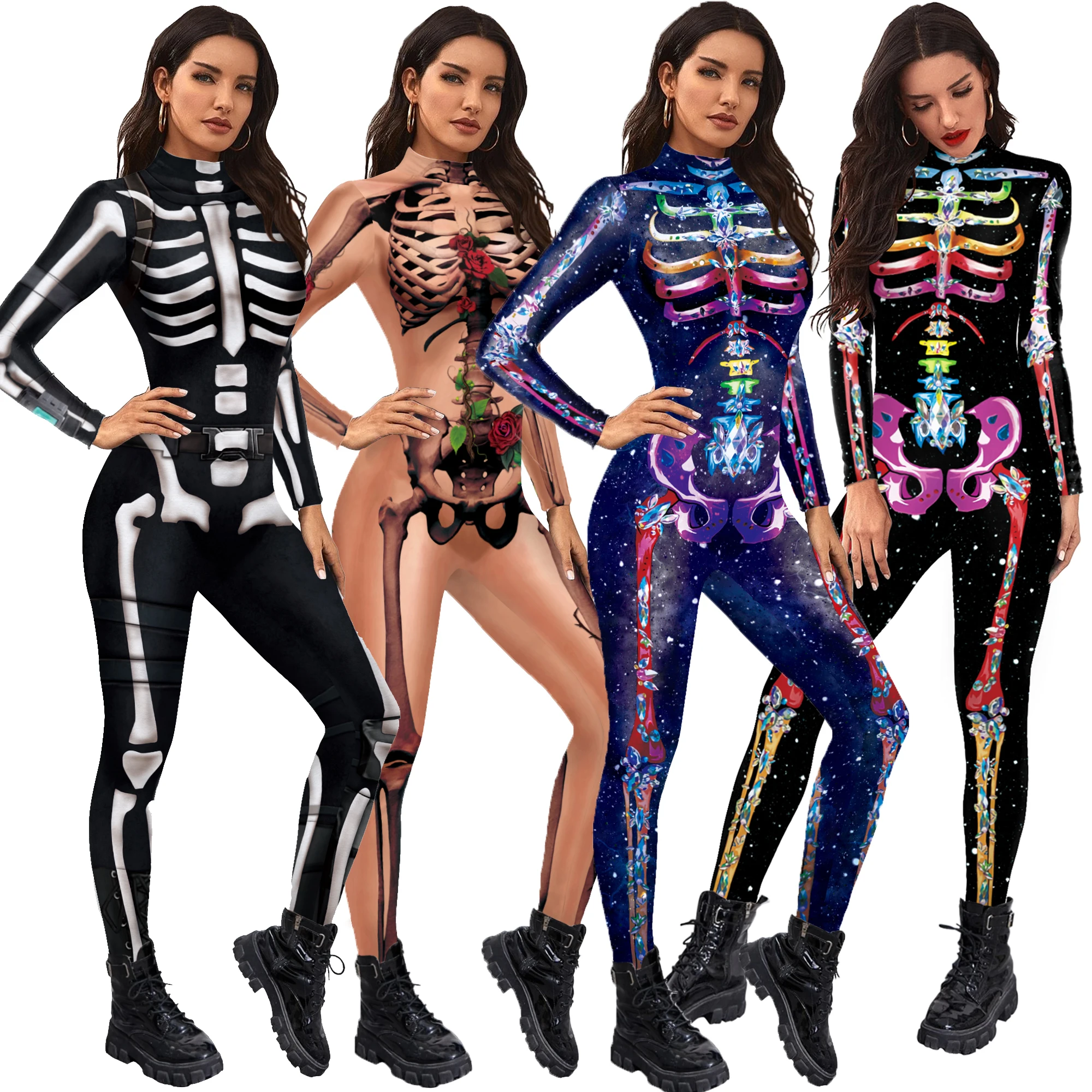 

Zawaland Women Cosplay Costumes Halloween Skeleton Printed Jumpsuits Elastic Party Bodysuits Adult Performance Outfits Oversize