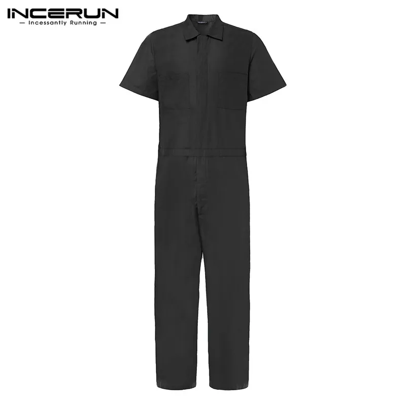 Black INCERUN, модные мужские комбинезоны, короткий рукав, свободные, Карго, комбинезоны,, повседневные, одноцветные, джоггеры, уличная одежда, штаны, мужские комбинезоны размера плюс - Цвет: Black