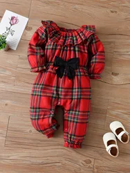 Barboteuse rouge à carreaux pour bébés filles, grenouillère pour nouveau nés, manches longues, vêtements de printemps/automne, à volants, pull avec nœud, combinaisons pour bébés 