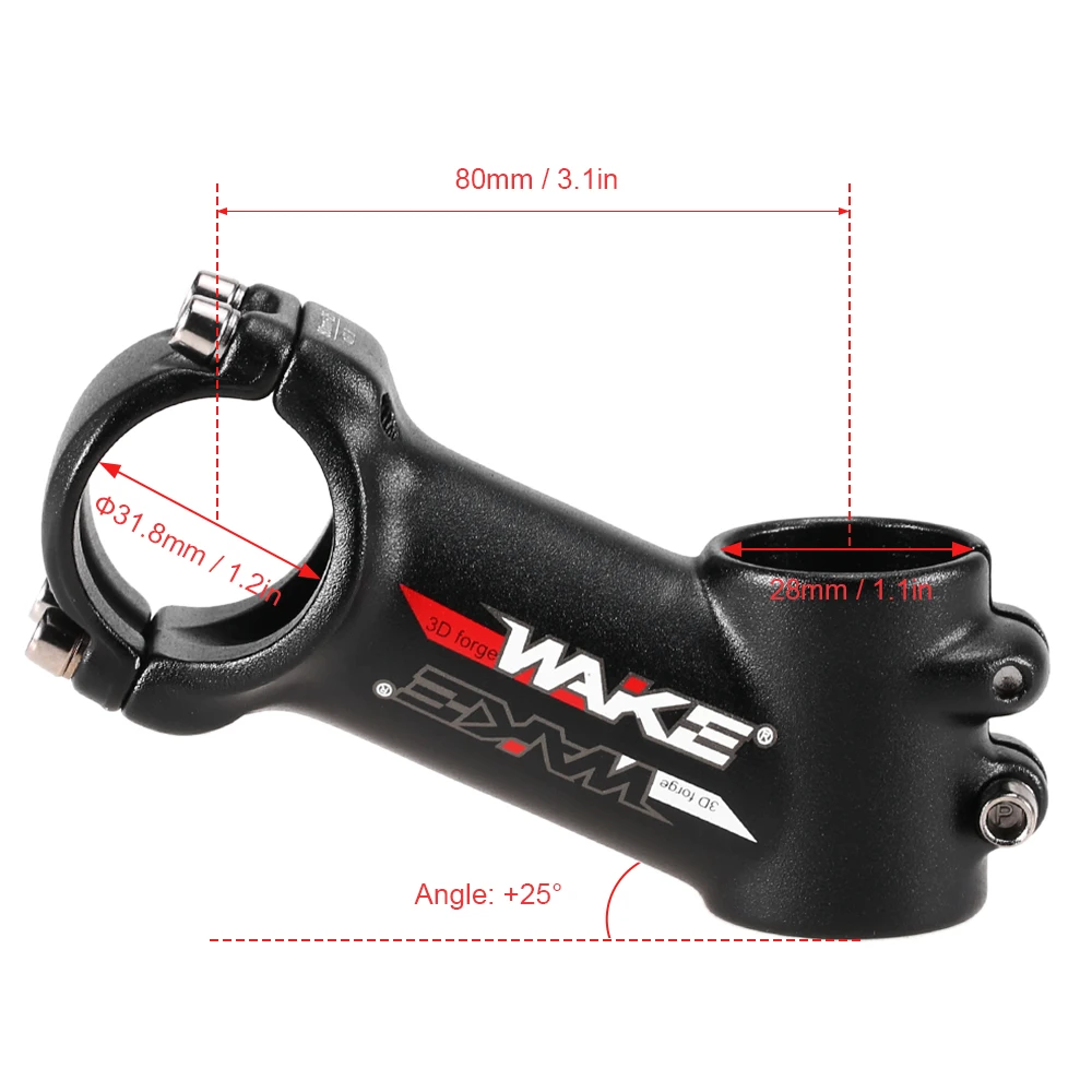 Wake Stem 31.8mm MTB Front Rod Stem Part 60/70/80/90/100mm Aluminum Alloy Road Bike Stem 25 Degree Bicycle Handlebar Stem - Цвет: 80mm